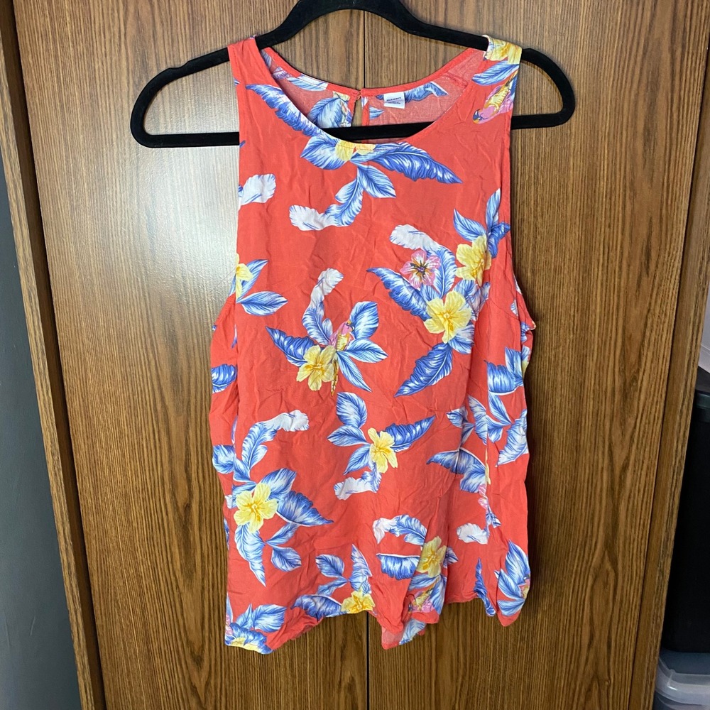 Old‎ Navy Tank Top Women XL Coral Red Tropical Floral Keyhole Back Sleeveless